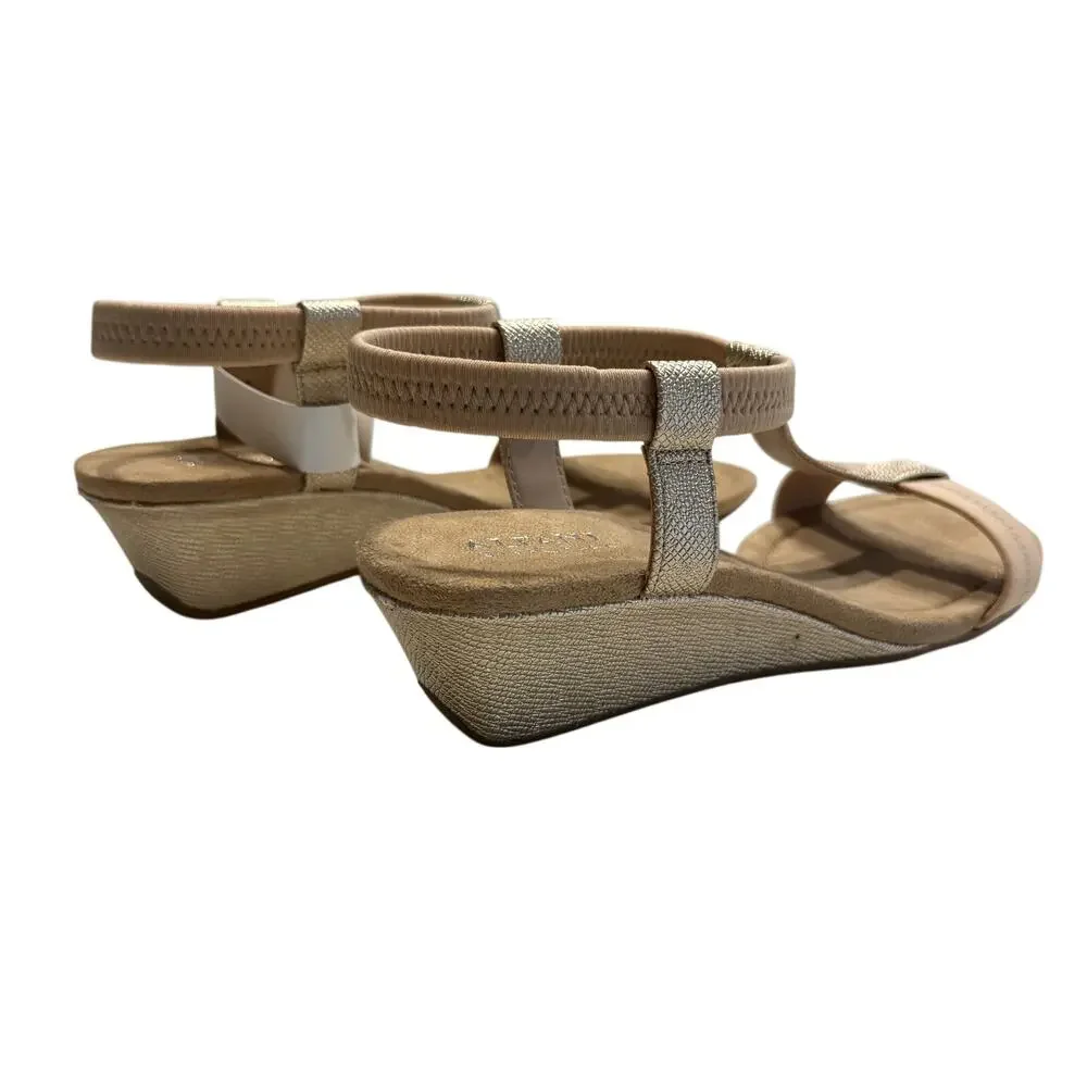 ALFANI T-Strap Voyage Wedge Slip On Slingback Sandal in Champagne, Size 8.5